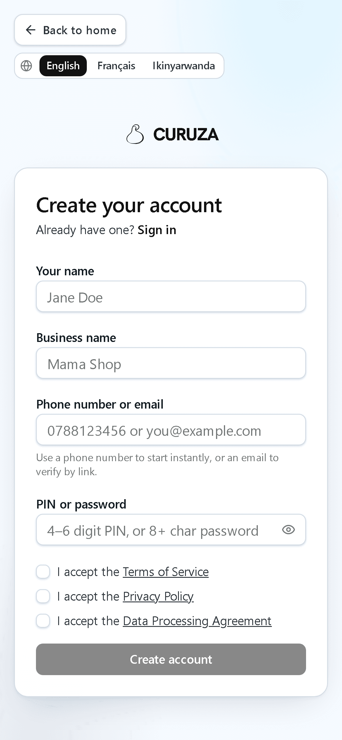 Sign up in under a minute